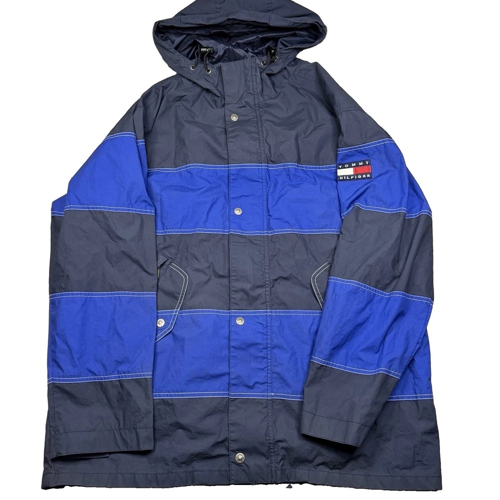 Vtg Tommy Hilfiger 90s Blue Color Block Nylon Rain Jacket Windbreaker Sz L Zip